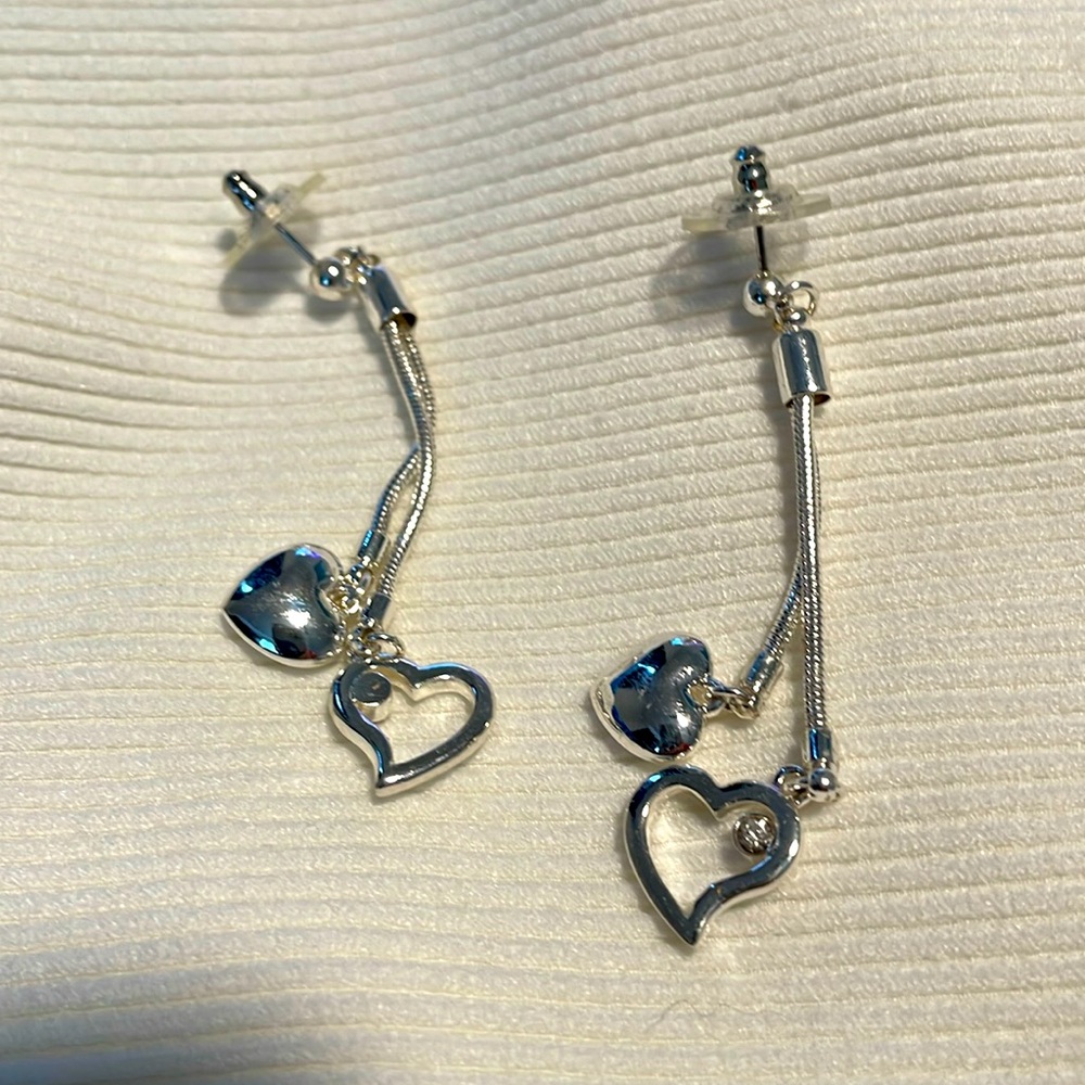 Silver drop post earrings with heart accents